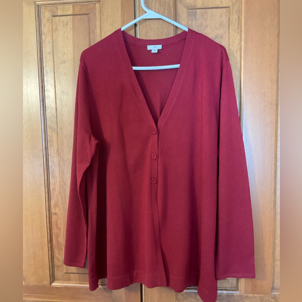 Like new JJill 3-button cardigan burgundy wool-blend sweater. Long sleeves.